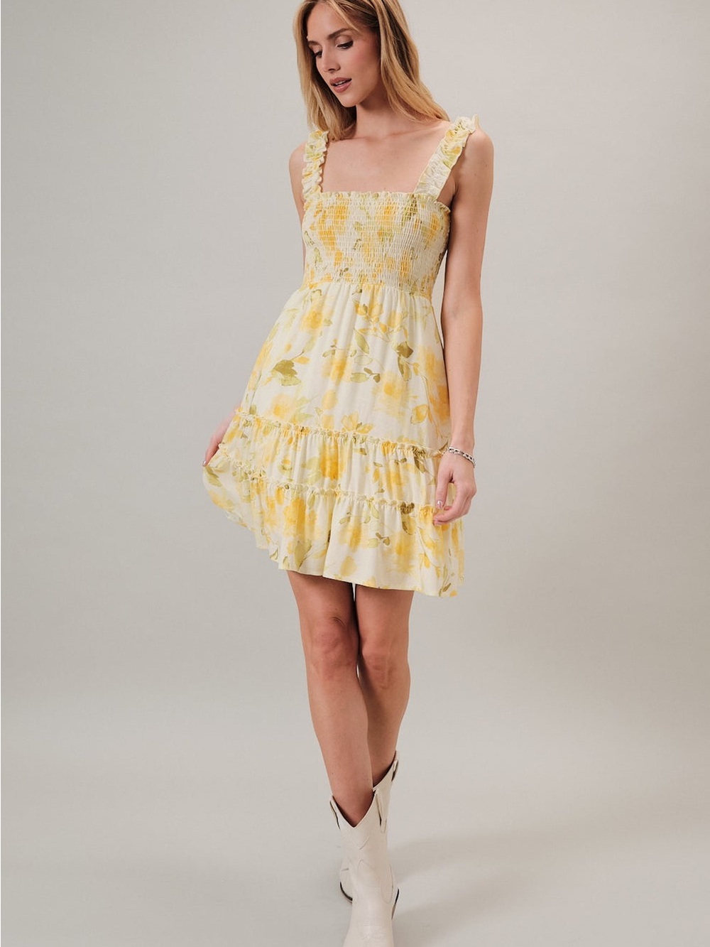 Gilli Yellow & Light Green Floral Smocked Ruffle Summer Mini Dress NWT